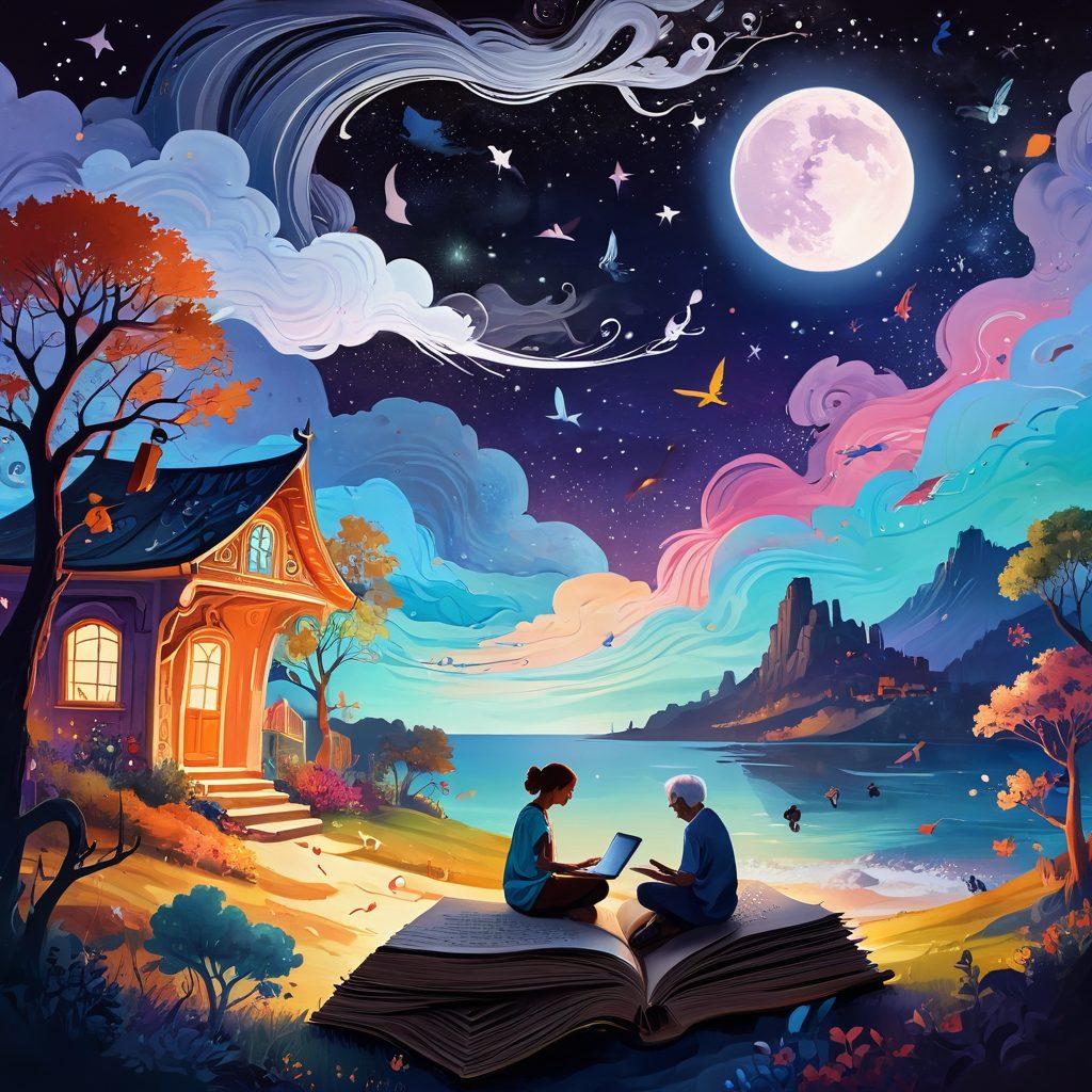 A whimsical scene depicting an open book with vibrant, floating illustrations of various storytelling elements like characters, landscapes, and symbols swirling around it. In the foreground, a diverse group of people, including a young woman writing on her laptop and an elderly man sharing tales, are captivated by the magic of storytelling. The background showcases a dreamy, starry night sky symbolizing imagination and creativity. surreal, vibrant colors, enchanting atmosphere.