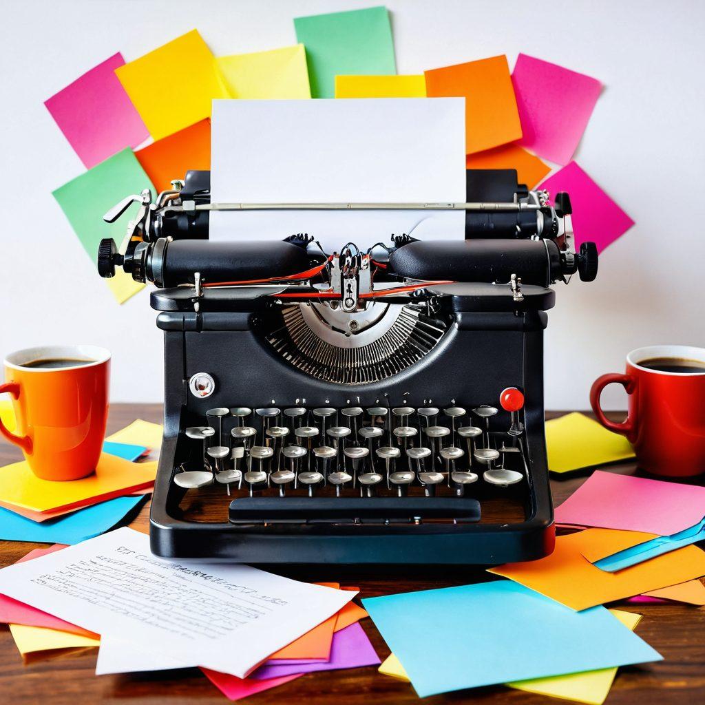 A close-up of a vintage typewriter with a sheet of paper spilling vibrant ideas, surrounded by colorful sticky notes and a steaming cup of coffee. In the background, an artistic depiction of a digital world filled with social media icons and creative elements. Bright, inviting colors to evoke inspiration and creativity. super-realistic. vibrant colors. white background.