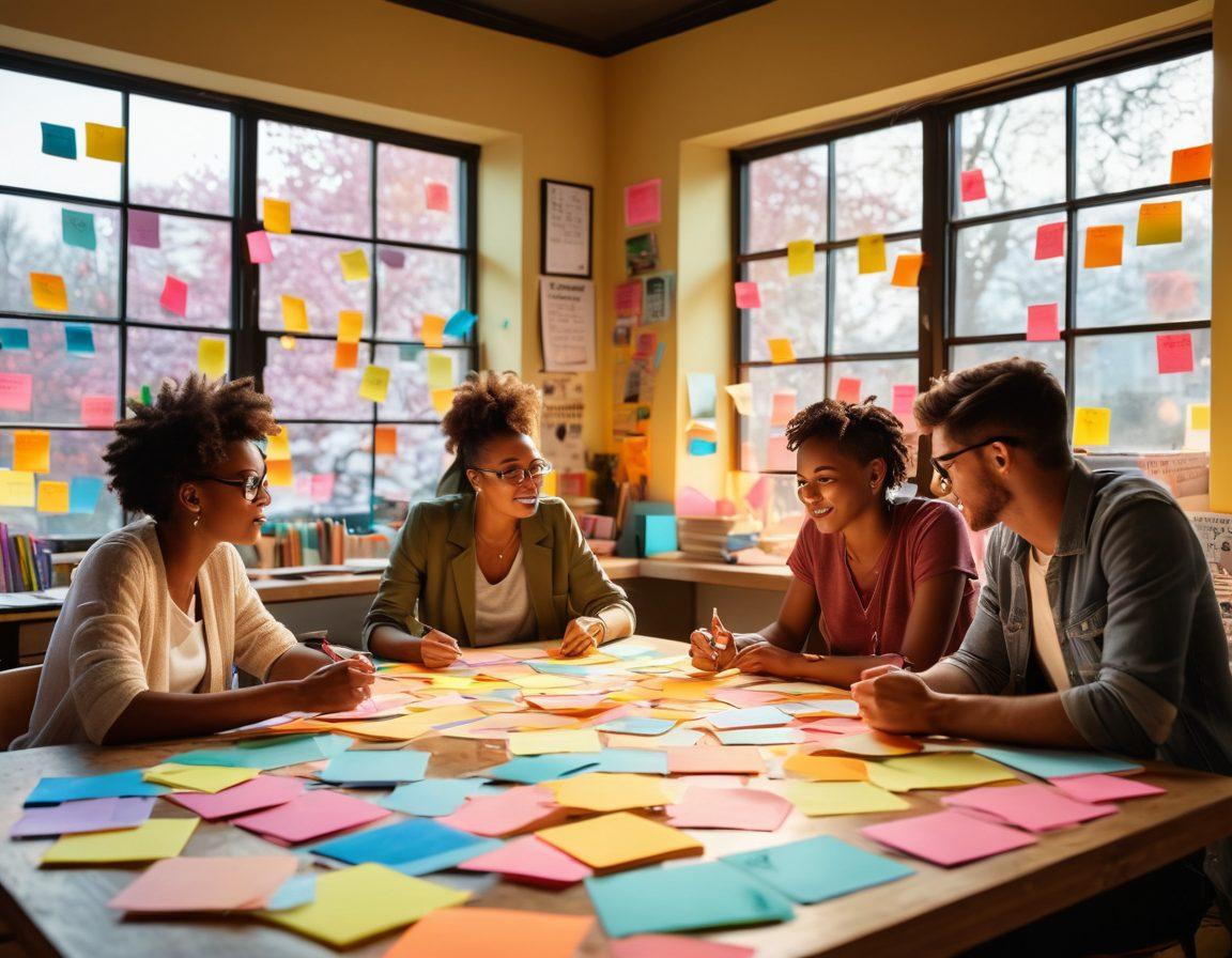 A dynamic scene showcasing a diverse group of aspiring content creators brainstorming over a large table, surrounded by notebooks, laptops, and colorful post-it notes. Bright light streams in through a window, symbolizing inspiration and new ideas. The backdrop features motivational quotes and digital art elements representing impact and creativity. super-realistic. vibrant colors. bright atmosphere.